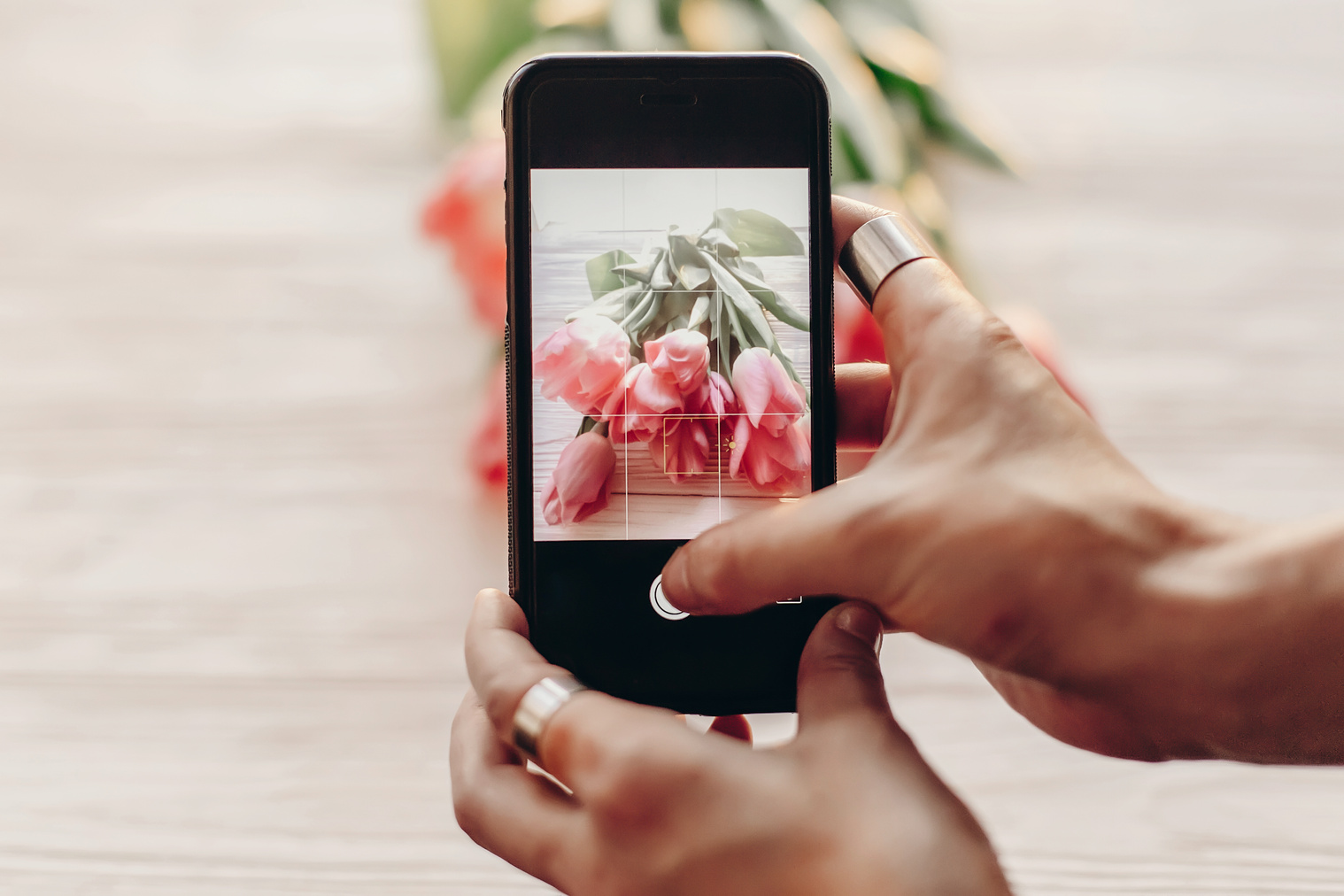 Instagram Photographer Blogging Workshop Concept. Hand Holding P